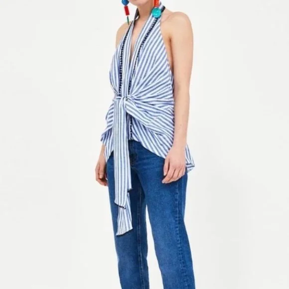 Zara Striped Tie Front Halter Top Blue & White Size Small - Picture 5 of 16